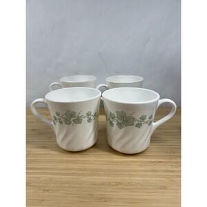 Set of 4 Corelle Corning USA Porcelain Coffee Mugs Green‎ Ivy Band
